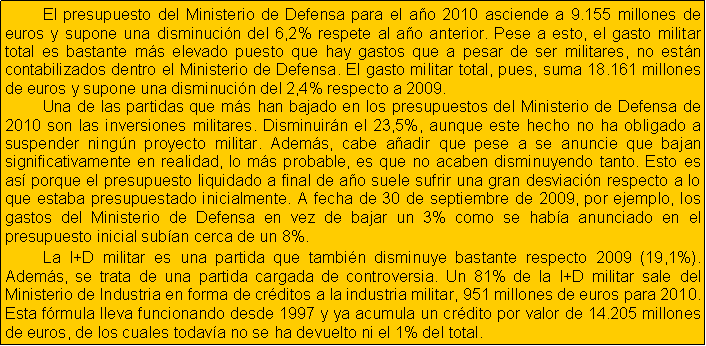 Cuadro de texto: 	El presupuesto del Ministerio de Defensa para el a�o 2010 asciende a 9.155 millones de euros y supone una disminuci�n del 6,2% respete al a�o anterior. Pese a esto, el gasto militar total es bastante m�s elevado puesto que hay gastos que a pesar de ser militares, no est�n contabilizados dentro el Ministerio de Defensa. El gasto militar total, pues, suma 18.161 millones de euros y supone una disminuci�n del 2,4% respecto a 2009. 								Una de las partidas que m�s han bajado en los presupuestos del Ministerio de Defensa de 2010 son las inversiones militares. Disminuir�n el 23,5%, aunque este hecho no ha obligado a suspender ning�n proyecto militar. Adem�s, cabe a�adir que pese a se anuncie que bajan significativamente en realidad, lo m�s probable, es que no acaben disminuyendo tanto. Esto es as� porque el presupuesto liquidado a final de a�o suele sufrir una gran desviaci�n respecto a lo que estaba presupuestado inicialmente. A fecha de 30 de septiembre de 2009, por ejemplo, los gastos del Ministerio de Defensa en vez de bajar un 3% como se hab�a anunciado en el presupuesto inicial sub�an cerca de un 8%.	La I+D militar es una partida que tambi�n disminuye bastante respecto 2009 (19,1%). Adem�s, se trata de una partida cargada de controversia. Un 81% de la I+D militar sale del Ministerio de Industria en forma de cr�ditos a la industria militar, 951 millones de euros para 2010. Esta f�rmula lleva funcionando desde 1997 y ya acumula un cr�dito por valor de 14.205 millones de euros, de los cuales todav�a no se ha devuelto ni el 1% del total. 	
